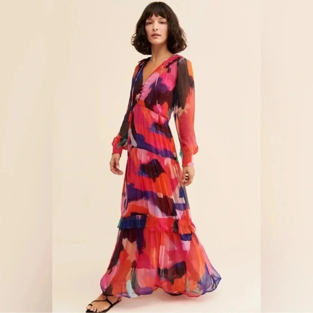 Anthropologie The Marais Printed Chiffon Maxi Dress Pink Red XSP Petite